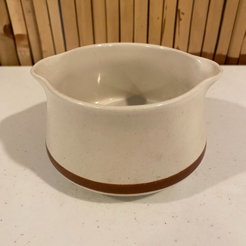 Woodhaven Collection Stoneware Soup Mug Crock w Handles Brown Band Japan 4"